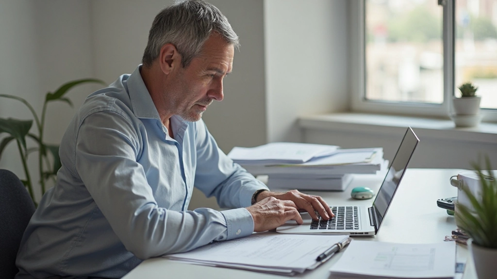Pessoa analisando extratos bancários em laptop moderno com documentos organizados