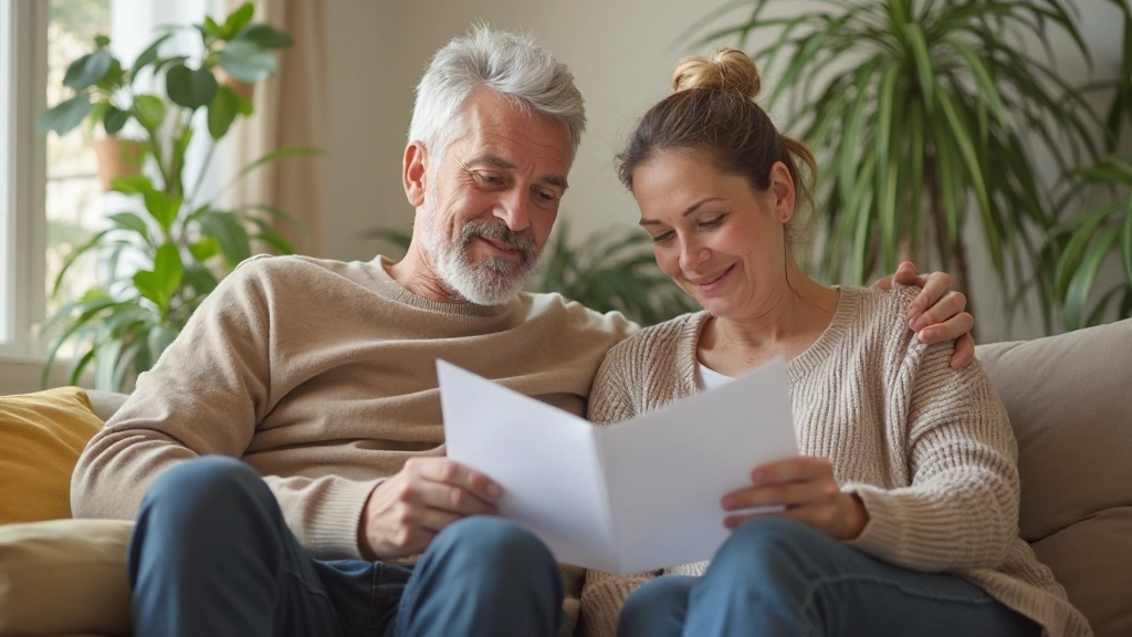 Casal conversando sobre finanças em sala de estar aconchegante com plantas