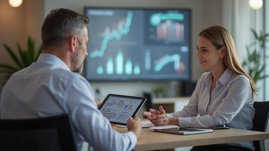 Consultor financeiro mostrando gráficos de investimento em tablet para cliente