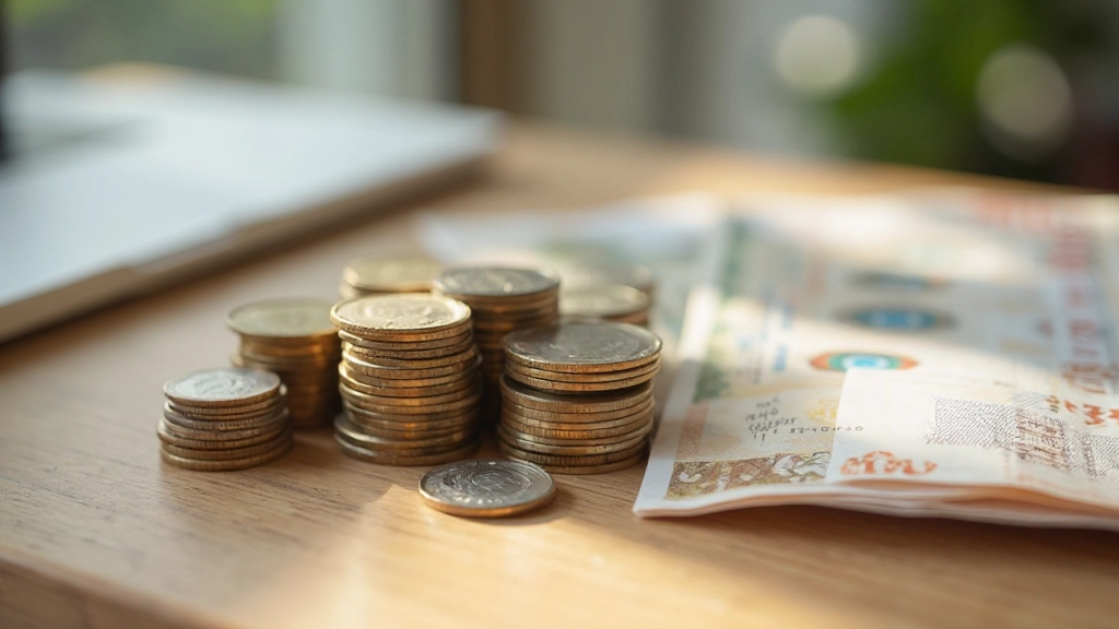 Moedas e notas organizadas representando hábitos de poupança diários