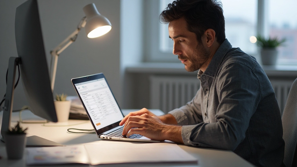 Pessoa analisando extratos bancários em laptop moderno com documentos organizados