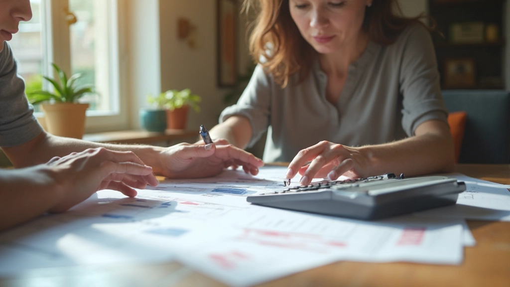 Pessoa organizando orçamento mensal com documentos financeiros e calculadora em mesa de trabalho