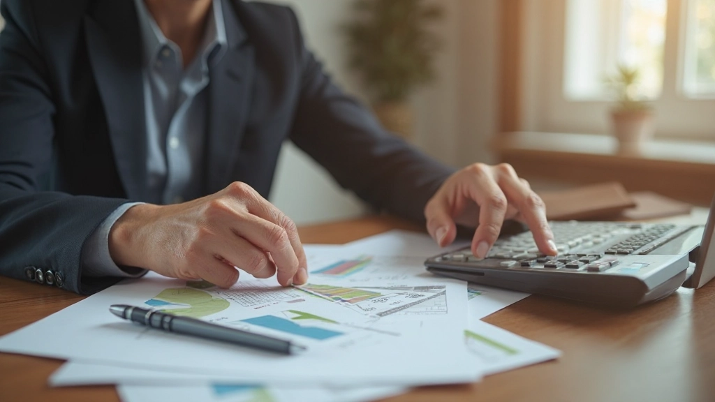 Pessoa analisando documentos de investimento com gráficos e calculadora em mesa de trabalho