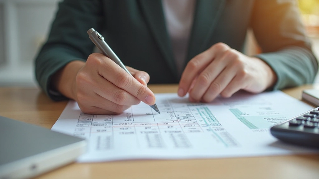 Profissional analisando objetivos financeiros com gráficos e calculadora na mesa de trabalho