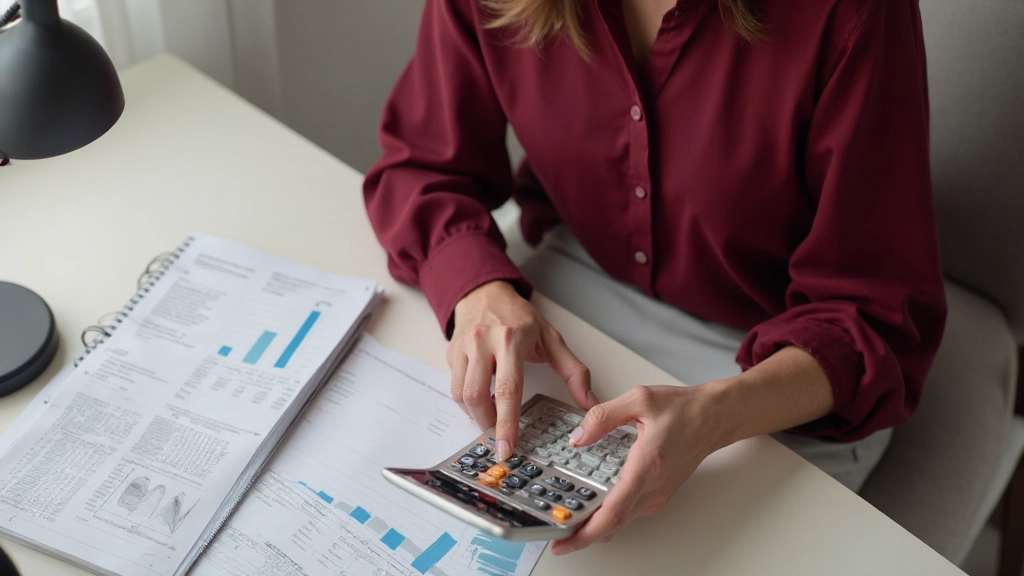 Pessoa anotando despesas em caderno com calculadora e café na mesa