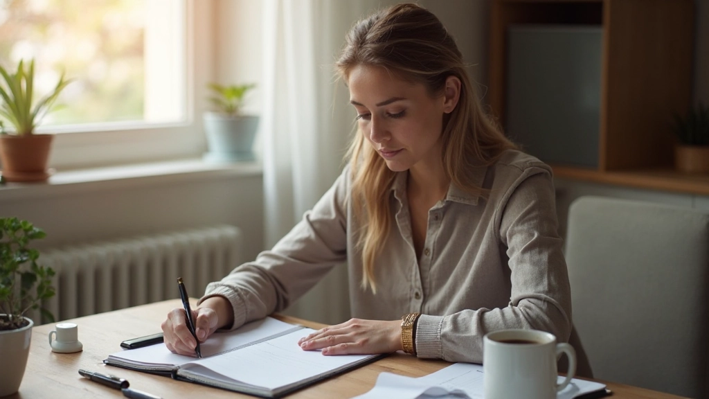Pessoa anotando orçamento mensal em caderno com calculadora e café na mesa