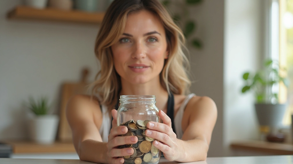 Pessoa colocando moedas em frasco de vidro transparente em cozinha moderna